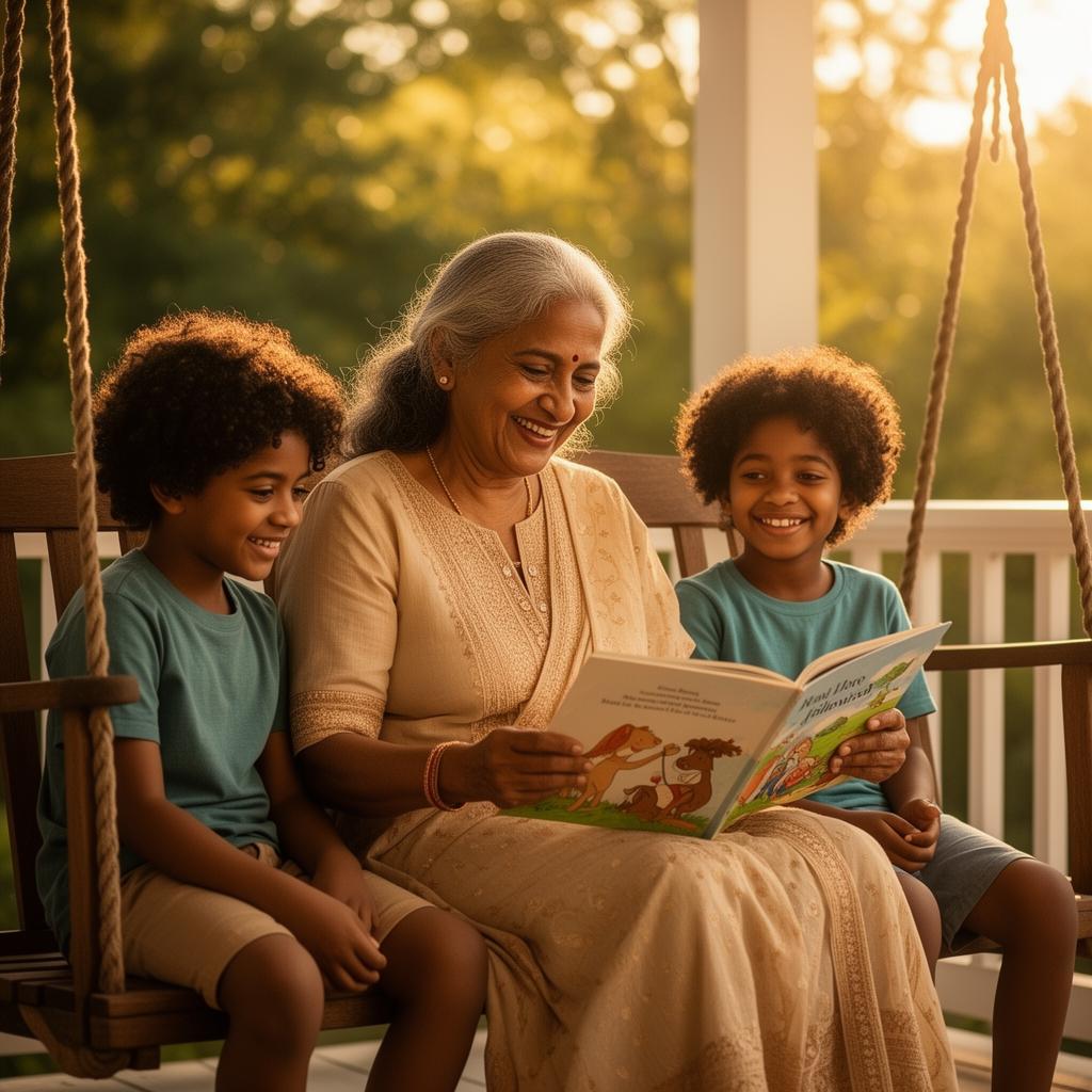 Grandmother reading a picture book with two grandchildren on a porch swing