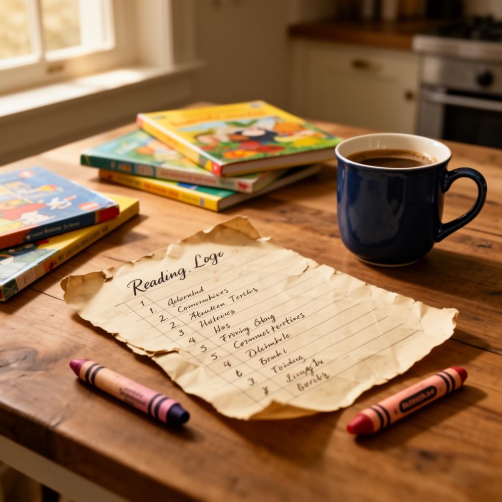 A torn paper reading log on a kitchen table next to picture books and a coffee mug