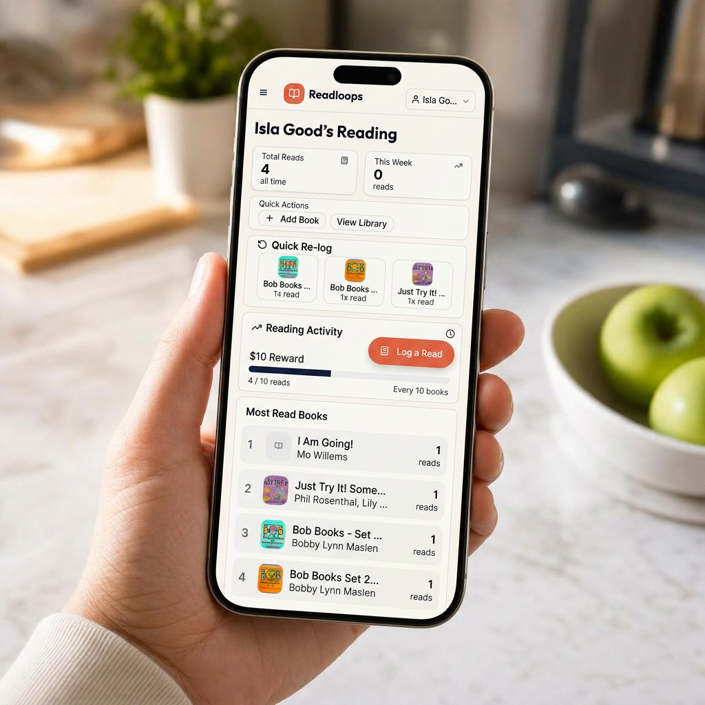Smartphone in hand showing the Readloops dashboard with a 2-week reading chart and recently logged books